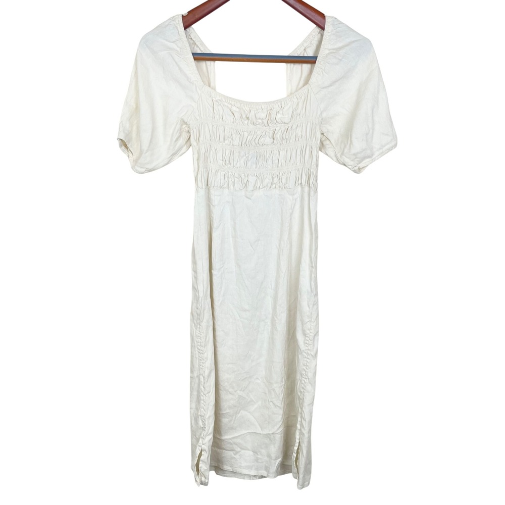 Womens Dress Sz S Linen Cottage Coquette Boho Smocked Puff Sleeve Midi Cream